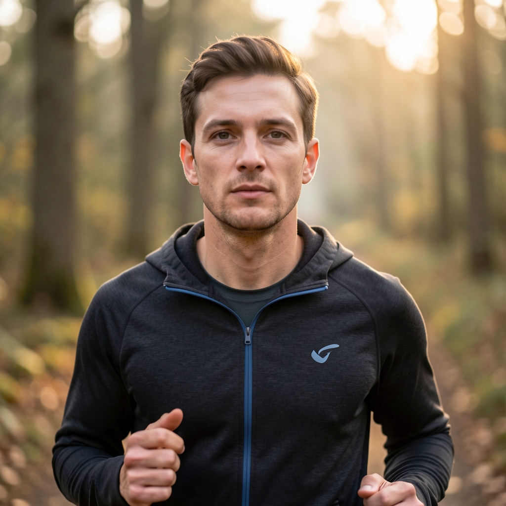 Person beim ruhigen Joggen auf einem Waldweg im Morgenlight, Bewegungsunschärfe, natürliche Umgebung ohne inszenierte Elemente, weicher Hintergrund