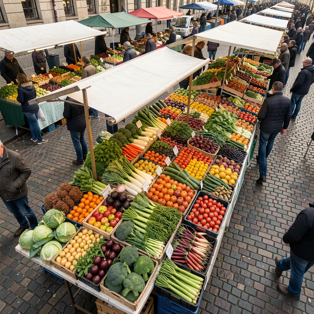 Marktstand mit frischem Gemüse und Früchten in verschiedenen Farben auf einem Wochenmarkt, sachliche Dokumentaraufnahme aus der Vogelperspektive, natürliches Tageslicht ohne Filter