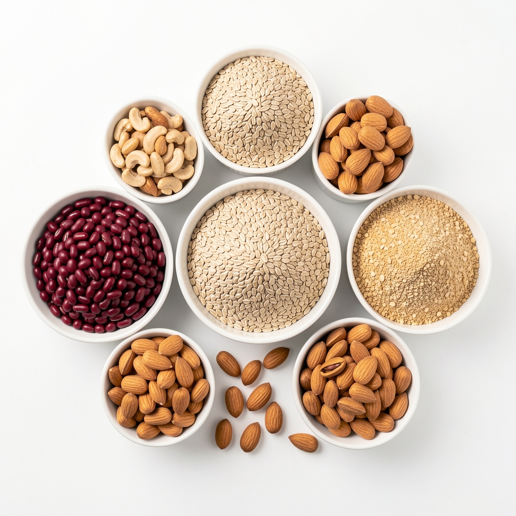 Makronährstoffe im Überblick: aufgereihte Schüsseln mit Hülsenfrüchten, Vollkorngetreide und Nüssen auf weißem Hintergrund in Draufsicht, sachliche Studiofotografie